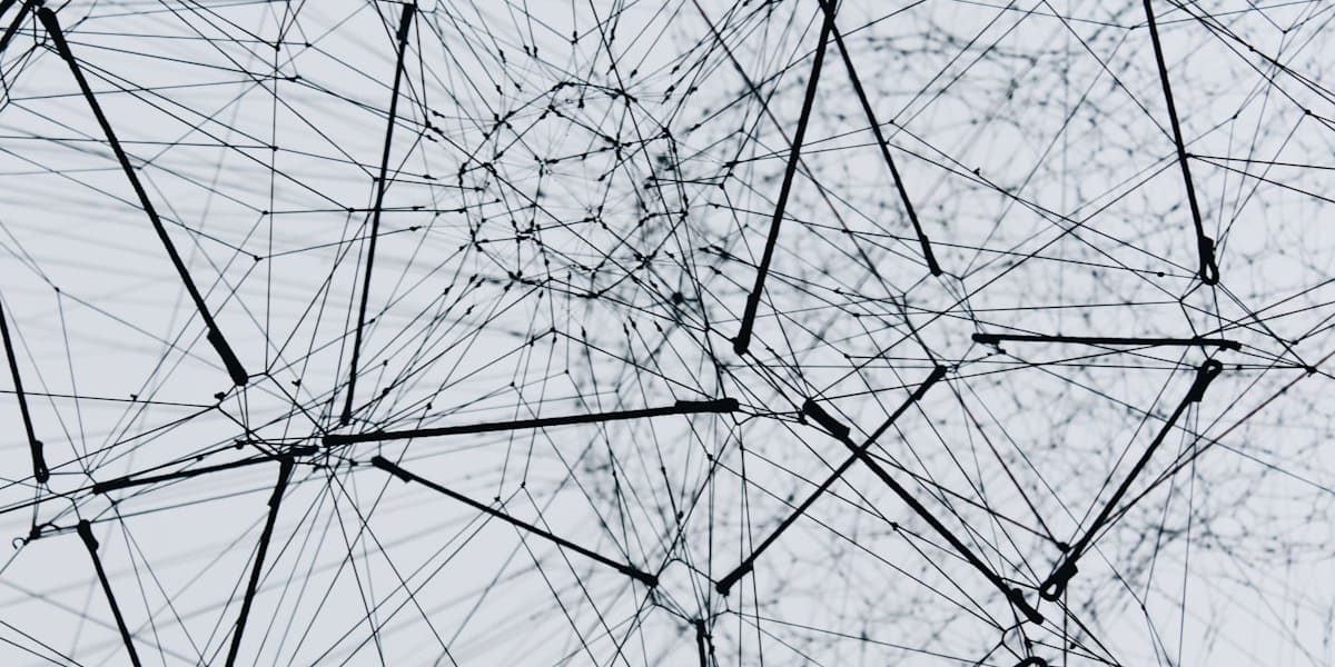 An abstract overhead sculpture made of intersecting black wires, strings and small nodes against a pale sky.