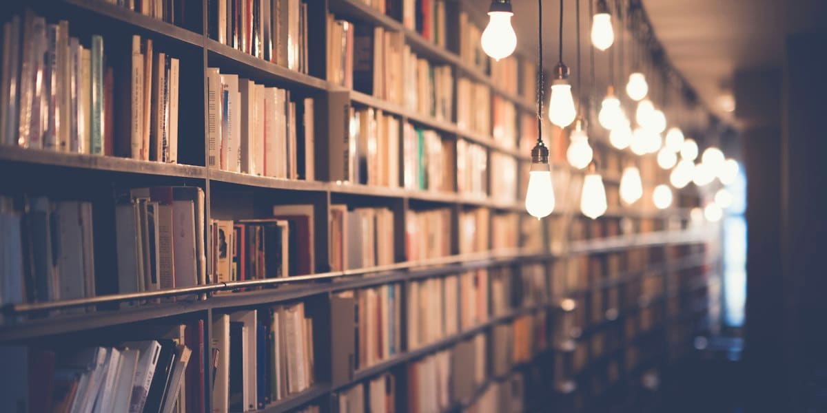 Long bookshelf corridor filled with books, lit by a row of hanging bare light bulbs