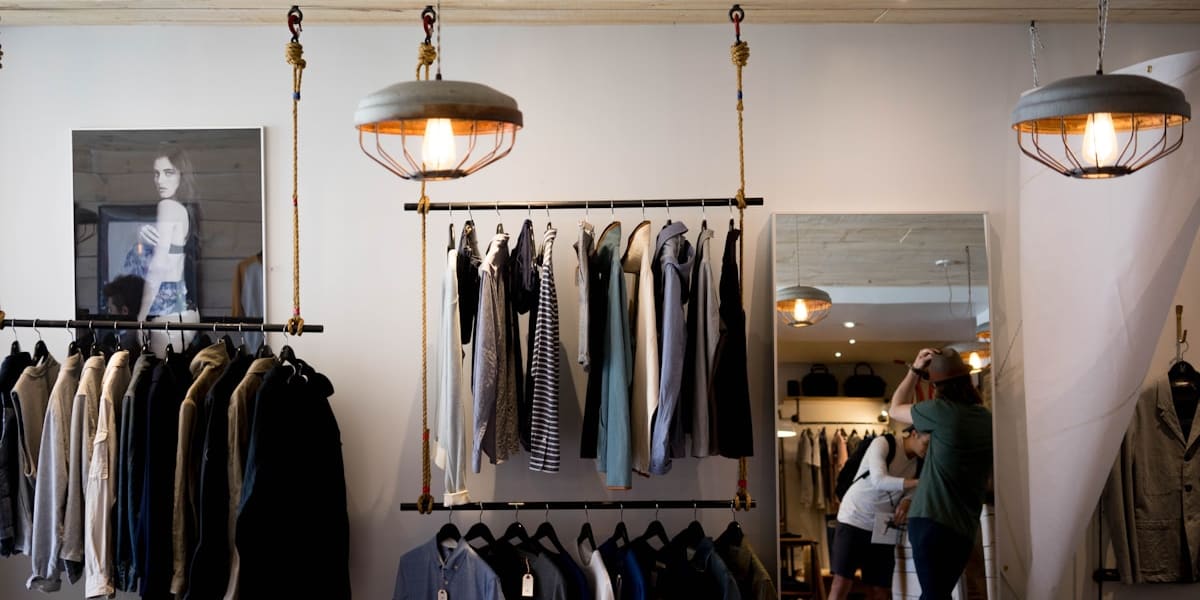 Interior of a boutique clothing shop with garment racks, pendant lights, and a mirror reflecting shoppers