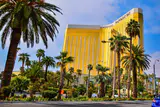Gold-glass Mandalay Bay hotel tower rising above palm trees on a sunny day