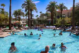 Swimmers in a large resort pool ringed by palm trees and loungers under a clear blue sky at MGM Grand