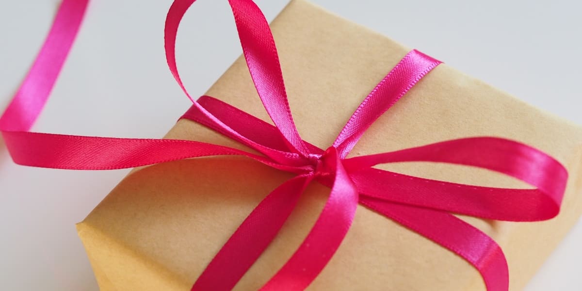 Small kraft-paper gift box tied with a bright pink satin ribbon bow on a white surface
